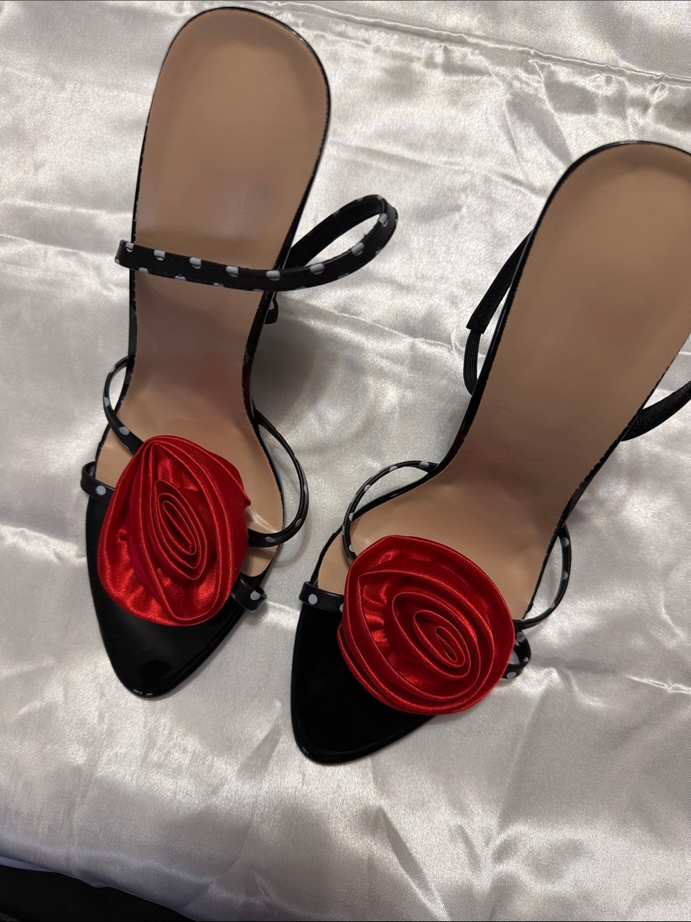 Black Strappy Women's Heels with Red Rosette Accent
